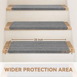 Bullnose Stair Treads Non Slip 9.5" x 32", 14 Pcs Carpet Stair Treads for Wooden Steps Indoor with Edge Protection, Reusable Peel and Stick TPU Backing Stair Runner Rugs- Line Pattern Grey