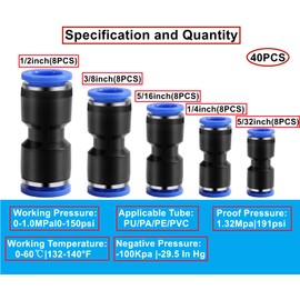 HAXIHA Pack of 40 Straight Pneumatic Connectors, 5/32 Inch 1/4 Inch 5/16 Inch 3/8 Inch 1/2 Inch Quick Release Pneumatic Line Hose Fitting Kits, Air Push Quick Fittings, Straight Pressure Connector for