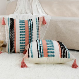 Labilin Boho Cushion Covers 18x18 Set of 2 Farmhouse Decorative Square Pillows Cover Geometric Chenille Cushion Cover With Tassels Splice Pillowcase for Sofa Couch Bed, Blue Pink and Beige