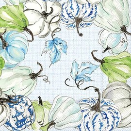 IHR Ideal Home Range Party Napkins Disposable 3-Ply Paper Lunch Napkin Pack, 6.5" x 6.5", Chinoiserie Stacked Pumpkins, 20-Count