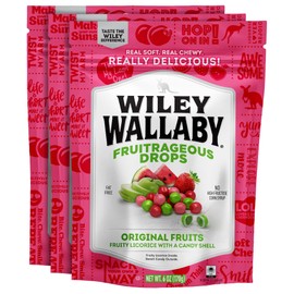 Wiley Wallaby 6 oz. Fruitrageous Drops Original Fruits Gourmet Australian Style Soft & Chewy Licorice Candy Drops, 3 Pack
