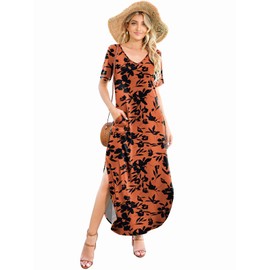 Camdoria Hawaiian Tropical Maxi Dresses for Women Luau Long Summer Dress with Pockets Short Sleeves Loose Floral Print Cruises Beach Outfit X-Large