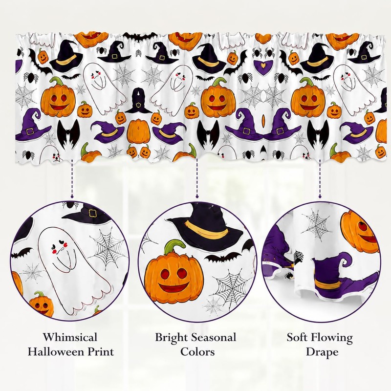 Halloween Window Valance Pumpkin Ghost Bat Kitchen Curtain 54x18