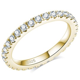 Bo.Dream 2.2mm Round Cubic Zirconia CZ Eternity Band Rings For Women 14K Gold Plated Sterling Silver Size 5