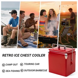 Dazefree Retro Cooler 14 Quart - Portable Metal Vintage Ice Chest with Bottle Opener, Waterproof Stainless Steel Cooler, Outdoor Ice Bucket for Camping, Picnic, Beach, BBQ, Tailgating & Fishing (Red)