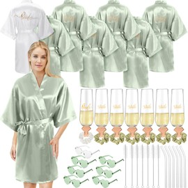 Panitay 42 Pcs Bridal Robes Sets Bride Robes Bridesmaids Proposal Gift Heart Sunglasses Champagne Flutes for Wedding Party(Light Green)