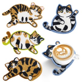 YRYUNRUI Cute Cat Coasters for Desk, Funny Woven Creative Coaster for Decoration, Cat Gifts for Cat Lovers, Crochet Insulation Knitted Cat Coasters for Coffee Tea Table Protection Desktop Gifts (4)