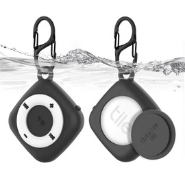 [2 Pack] Silicone Case for Tile Mate 2022, Waterproof Protective Cover for Tile Tracker, Full Body Anti-Scratch Cover for Tile Holder, Classic Retro MP3 Player Design with Carabiner (Black+Black)