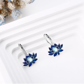 Lotus Earrings S925 Sterling Silver Moonstone Lotus Flower Earrings Blue Lotus Flower Lever Hoop Earrings Jewellery Gifts for Women Ladies Female, Moonstone