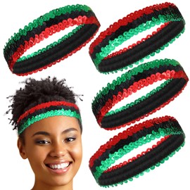 Wavyknot 4 Pcs Juneteenth Sequin Headband Elastic Stretch Sparkly Fashion Headband African Jamaica Rasta Red Black Green Headband for Women Girls Black History Month Kwanzaa Party