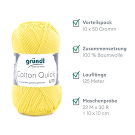 Gründl Cotton Quick Uni Value Pack of 10 Balls, Hand Knitting Yarn, Cotton, Yellow, 29 x 12 x 7 cm, 1 Unit