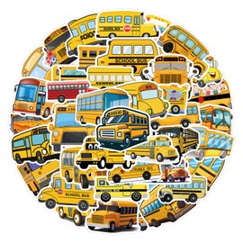 School Bus Stickers, 55Pcs Yellow School Bus Vinyl Decal for Water Bottle, WLJIAO Kids Teens Boys Stucents Cute Cars Rewards Gift Stickers for Decorative Laptops Window Scrapbook Wall