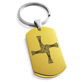 Tioneer Gold Plated Stainless Steel Celtic Saint Brigid Cross Symbol Dog Tag Keychain Keyring