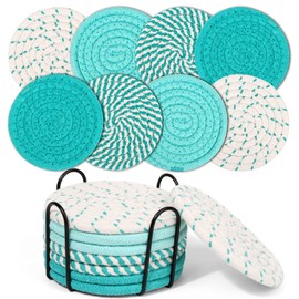 Mckanti 8 Pcs Coasters for Drink with Holder, 4 Colors Absorbent Coasters for Drinks, Minimalist Cotton Woven Coaster Set for Home Decor Tabletop Protection Suitable for Kinds of Cups, 4.3 Inches.