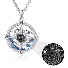 KINGWHYTE Compass Necklace for Women 925 Sterling Silver Compass Pendant Necklaces I Love You Necklace 100 Languages Projection Necklace Inspirational Nautical Dream Jewelry Graduation Gifts for Her