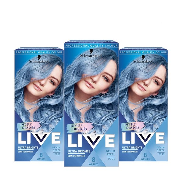 Schwarzkopf Live Ultra Brights Pretty Pastel Blue Hair Dye, Semi-Permanent – 3x P121 Denim Steel