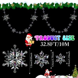 Lewtemi 32.8 Feet Christmas Acrylic Snowflake Garland Christmas Snowflake Ornament Hanging Christmas Snow Flake Streamers for Winter Birthday Party Decorations Supplies Xmas Tree (Iridescent)
