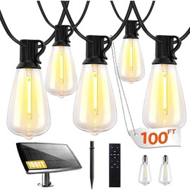 Bdrofn 100FT Solar String Lights Outdoor Waterproof, Solar Patio Lights with Remote Control & 30+2 Dimmable ST38 Edison Bulbs Shatterproof,Solar Powered String Lights for Outside Garden Backyard