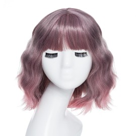 Yamel Short Hair Wigs Bob Wig Short Curly Wig with Bangs Ombre Pink Short Wigs for Women Daily Use Cosplay Wig