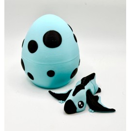 3D Printed Dinosaur Egg and Flexible Fidget Pterodactyl Inside in Light Blue and Black, Gift Toy Easter Egg Articulated Dinosaur Fidget Toys, Easter Basket Stuffer, 3D Printed Animals Toy Set 2 Pieces