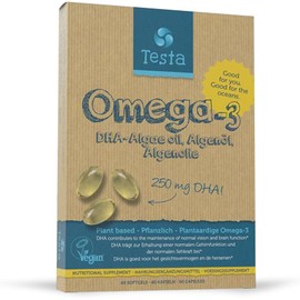 Testa Omega-3 Algae Oil – 250 mg DHA – Vegetable Omega-3 – Pure and Vegan – Much Healthier than Fish Oil – 60 Capsules (1 Pack)