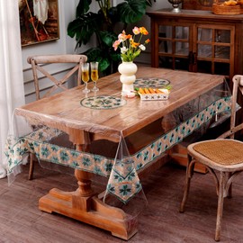 ARTMAGIC Clear Plastic PVC Tablecloth Embroidery Red Lace Rectangle Transparent Table Protector 100% Oil Proof Waterproof for Home Holiday Party Dining Room (Green, 52"x70")