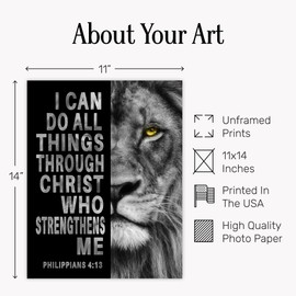 Bible Verse Scripture Wall Decor - Philippians 4:13 Christian Lion Wall Art 11x14 - Inspirational Religious Motivational Quotes for Men - Office, Home, Man Cave Spiritual Art - UNFRAMED