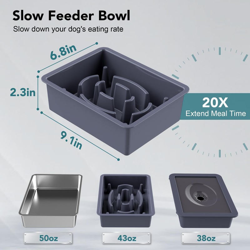 UPSKY 3-in-1 Elevated Dog Bowls Slow Feeder, Adjustable Stand, Stainless