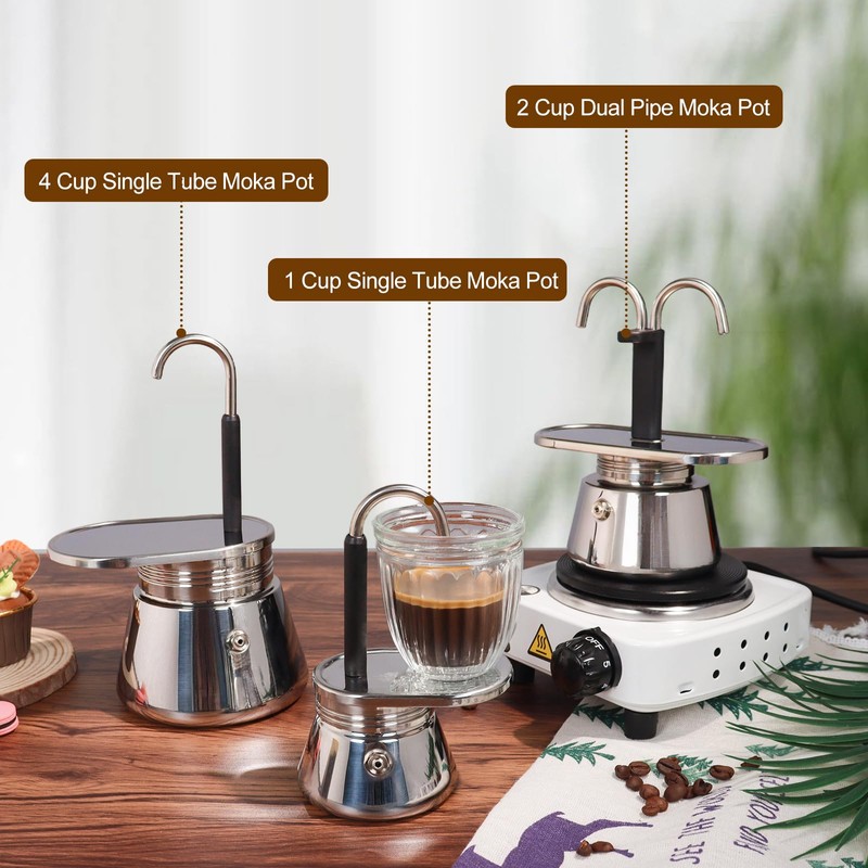 DITOSH 2 Cup Dual Pipe Moka Pot Stainless Steel Stovetop