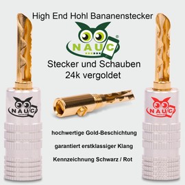 NAUC Hollow Banana Plugs for Speaker Cable - Pack of 10 Plugs as a Set - Hollow Connectors 24K Gold-Plated Screw Brar - Tube for HiFi Amplifier
