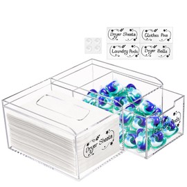 TOPZEA Dryer Sheet Holder, Clear Acrylic Dryer Sheet Container Laundry Sheet Dispenser with Lables, Laundry Room Organizer Box for Dryer Sheets, Laundry Pods, Dryer Balls, Clothes Pins