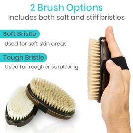 Vive Dry Brush Set for Lymphatic Drainage (3 Pieces) - Brushing Scrubber for Exfoliating, Body Cellulite and Skin Massage - 100% Natural Boar Hair Bristles, 14” Long Dark Wooden Handle w/Storage Bag