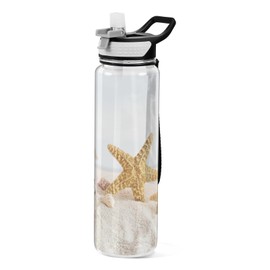 Kjovgcb Transparent Tritan Sports Water Bottle with Straw, Hot Cold BPA-Free Car Travel Mug Thermal Tumbler Holder Cup 33.8 oz Print White Beach Sand Starfish Seashell at The Beach