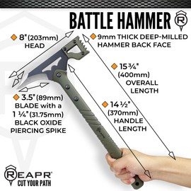 REAPR Battle Hammer – 15¾″ Fixed‑Head Hammer Axe with 3¼″ Cutting Blade, Spike End & Nylon Handle with MOLLE-Compatible Sheath Ideal Demolition & Tactical Use