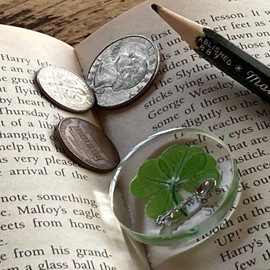 Real Four Leaf Clover Good Luck Pocket Token, Preserved, 1.25”, Including Metal Object (Silver Spoon)