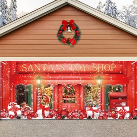 Christmas Garage Door Cover Santa's Toy Shop Storefront Garage Door Banner 6 x 13 ft Large Yard Sign for Winter Indoor Outdoor Wall Door House Holiday Party Background Decor