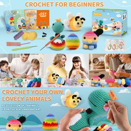 MoYield Learn to Crochet Kit for Beginners, 3PCS Crochet Animal Kits for Adults and Kids with Step-by-Step Video Tutorials Knitting Kit Dinosaur Crochet Kit Egg Bee Octopus Amigurumi Starter Kit