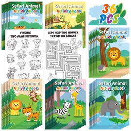 36 Pcs Safari Animals Mini Activity Books for Kids DIY Game Books Set with Lion Tiger Giraffe Patterns Mini Coloring Books Party Favors Fun Classroom Gifts Goody Bag Filler Teachers Daycare Prize