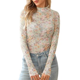Ugerlov Womens Lace Long Sleeve Mesh Top Floral Mock Neck See Through Going Out Top with Thumb Hole Party Outfits Shirts,D Floral Green L