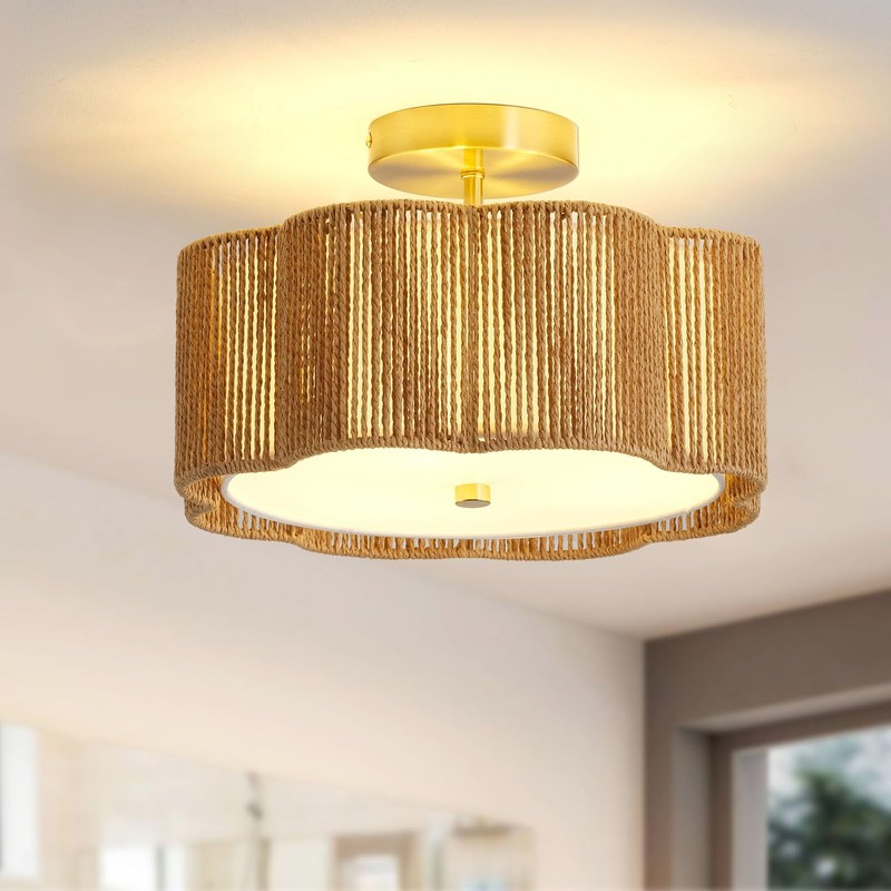 Giutna Rattan Ceiling Light Fixtures Flush Mount,3-Light Boho Light Fixtures