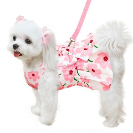 ABRRLO Cute Dog Dress Small Dog Clothes For Girls Female Puppy Outfits Pink Floral Pet Summer Clothes Bowknot Doggy Cat Princess Dress Harness Set for Holiday Birthday Party Costume Clothing (Pink,XS)