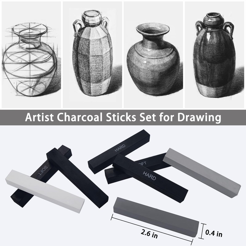 Dlicoda 24 Pcs Compressed Charcoal Sticks with Soft, Medium, Hard