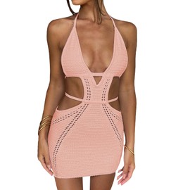 Women's Halter Bodycon Mini Dress Sleeveless Tie Backless Hollow Out Corset Knit Dress Wrap Dress Summer Beach Dress (Pink, M)