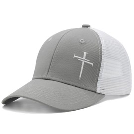 Christian Hats for Men Women, Embroidered Jesus Cross Trucker Hat Grey