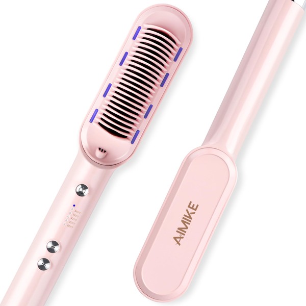 AIMIKE S10 Ionic Hair Straightener Brush, Heated Hair Straightening Brush for Thick Curly Hair with Negative Ion, Fast Heating & Anti-Scald Electric Hot Comb for Smooth Anti-frizz Hair, Gift for Women