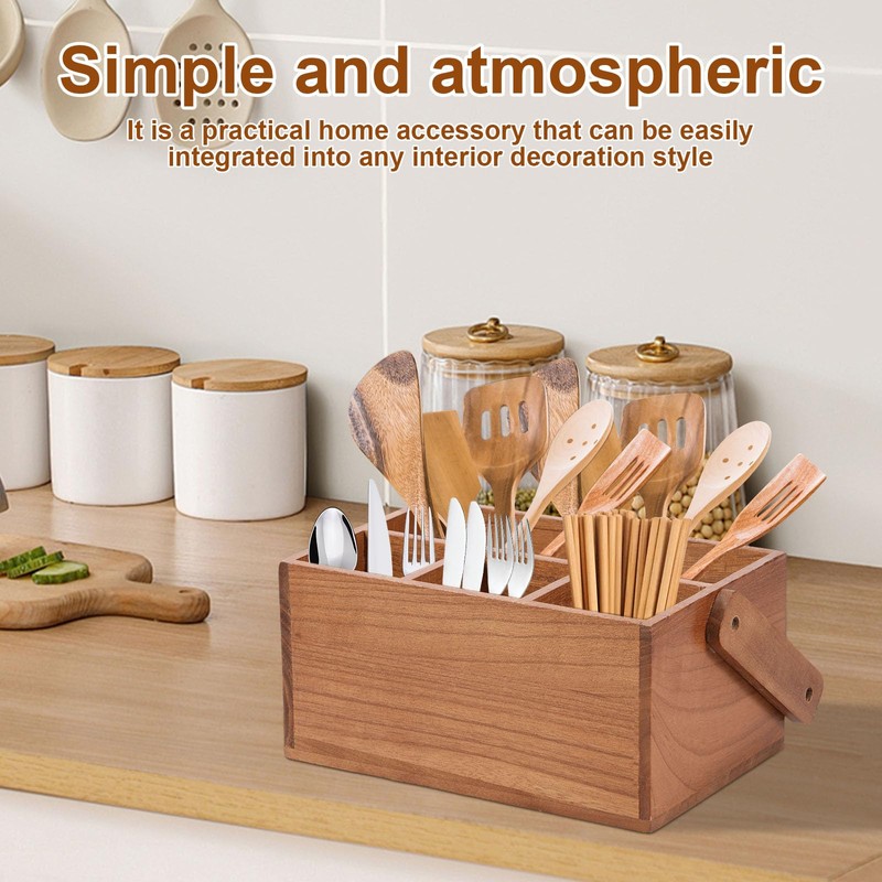 DJAPWPX Wood Silverware Caddy with Handle, 4 Compartments Utensil Holder,