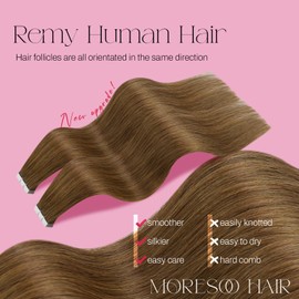 Moresoo Brown Hair Extensions Tape in Remy Human Hair 20Pcs Chestnut Brown Tape in Hair Extensions for Women 50G Human Hair Glue in Extensions Color #8 Straight 22 Inch