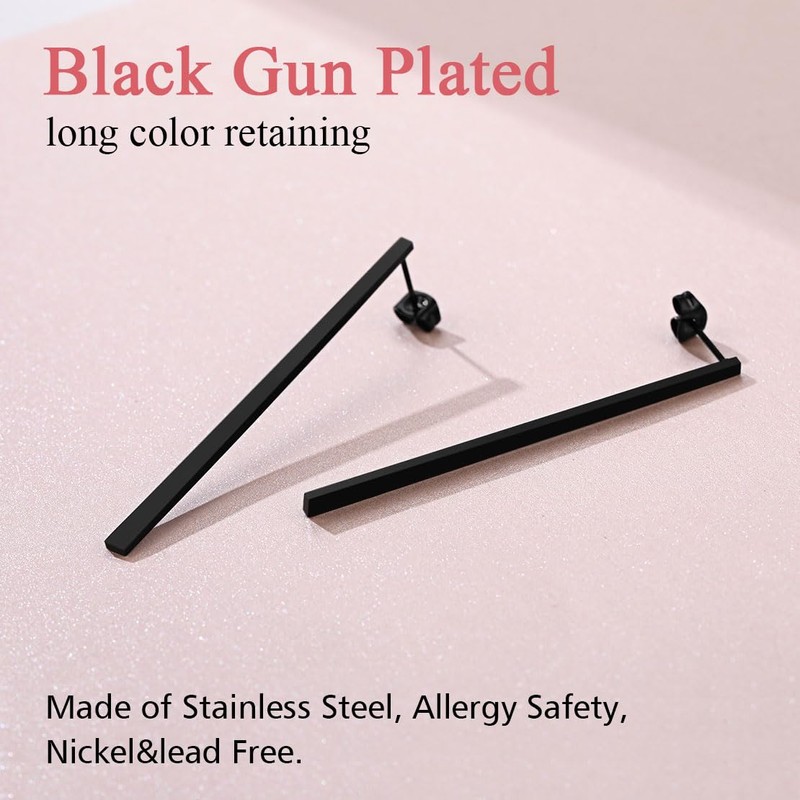 Black Bar Earrings for Women, Thin Flat Geometric Stick Drop