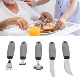 Adaptive Utensils, 5 Piece Stainless Steel Rubber Handles for Hand Tremors, Arthritis, Parkinson's or Elderly Use, Easy Grip for Shaking and Trembling Hands, Special Supplies, Gray