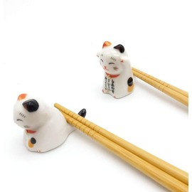 Set di 5 paia di bacchette e poggia bacchette, grazioso porta bacchette con gatto fortunato, 5 gatti, classico stile giapponese, in bambù naturale, riutilizzabili, lavabili in lavastoviglie (gattino